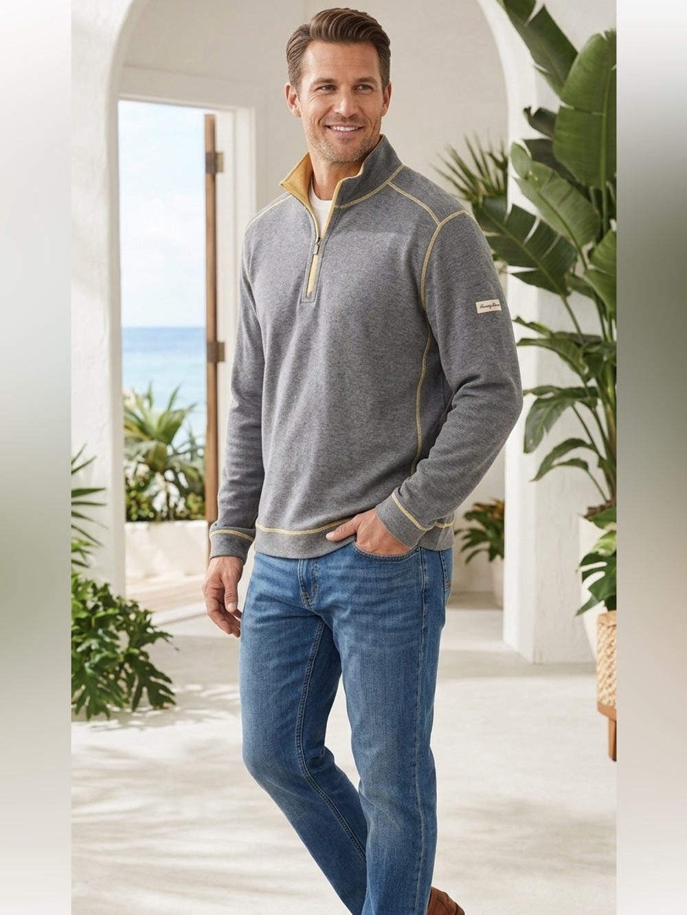 Tommy‎ Bahama Reversible Quarter Zip Pullover Sweater Mens Gray Yellow XL